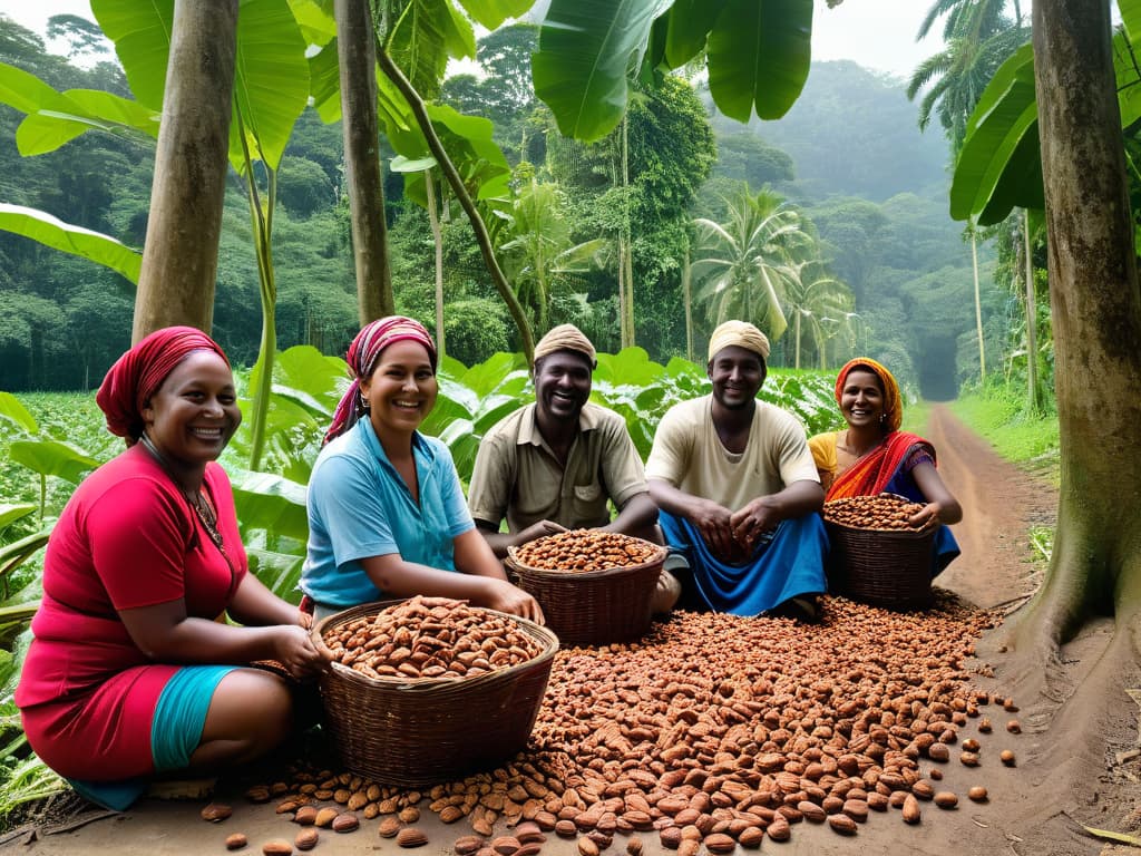  A photorealistic image of a diverse group of farmers smiling and harvesting cacao beans under the shade of tall tropical trees on a lush, vibrant plantation. The image showcases the ethical journey of Fair Trade ingredients, depicting the farmers in traditional clothing, surrounded by baskets of freshly picked cacao pods, with sunlight filtering through the canopy above, creating a warm and inviting atmosphere. hyperrealistic, full body, detailed clothing, highly detailed, cinematic lighting, stunningly beautiful, intricate, sharp focus, f/1. 8, 85mm, (centered image composition), (professionally color graded), ((bright soft diffused light)), volumetric fog, trending on instagram, trending on tumblr, HDR 4K, 8K