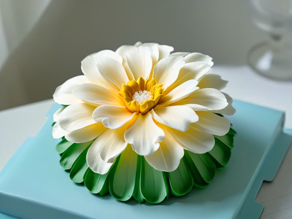  A closeup, ultradetailed image of a perfectly sculpted sugar flower, showcasing intricate layers, delicate petals, and a glistening finish, set against a soft, blurred background to emphasize its artistry and craftsmanship. hyperrealistic, full body, detailed clothing, highly detailed, cinematic lighting, stunningly beautiful, intricate, sharp focus, f/1. 8, 85mm, (centered image composition), (professionally color graded), ((bright soft diffused light)), volumetric fog, trending on instagram, trending on tumblr, HDR 4K, 8K