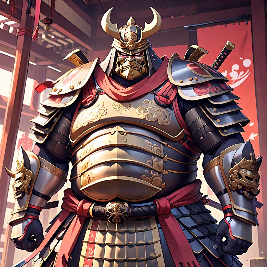  anime style artwork, (masterpiece:1.1), (highest quality:1.1), heavy armor and mask samurai fat giant, anime style, key visual, vibrant, studio anime, highly detailed