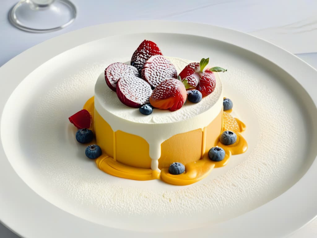  An elegant, minimalistic image of a beautifully plated European dessert mousse, featuring intricate layers of creamy mousse, delicate garnishes, and a drizzle of rich sauce on a pristine white plate, captured with impeccable lighting to highlight the textures and colors of the dessert. hyperrealistic, full body, detailed clothing, highly detailed, cinematic lighting, stunningly beautiful, intricate, sharp focus, f/1. 8, 85mm, (centered image composition), (professionally color graded), ((bright soft diffused light)), volumetric fog, trending on instagram, trending on tumblr, HDR 4K, 8K