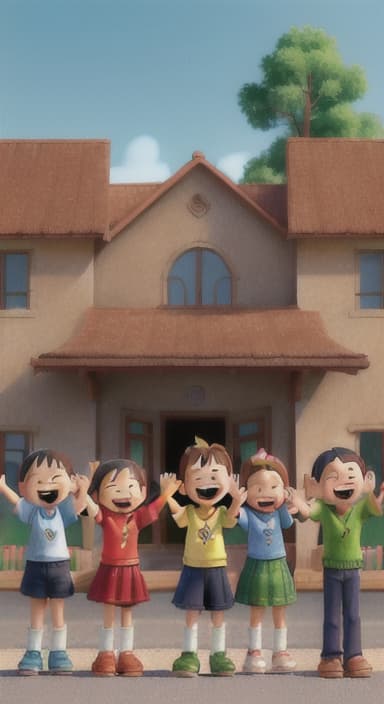  {A heartwarming scene of all the children waving goodbye with happy expressions., Children waving with wide smiles, looking grateful and content.