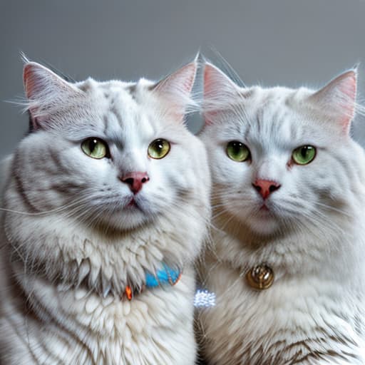  Two cats, one white and the other grey hyperrealistic, full body, detailed clothing, highly detailed, cinematic lighting, stunningly beautiful, intricate, sharp focus, f/1. 8, 85mm, (centered image composition), (professionally color graded), ((bright soft diffused light)), volumetric fog, trending on instagram, trending on tumblr, HDR 4K, 8K