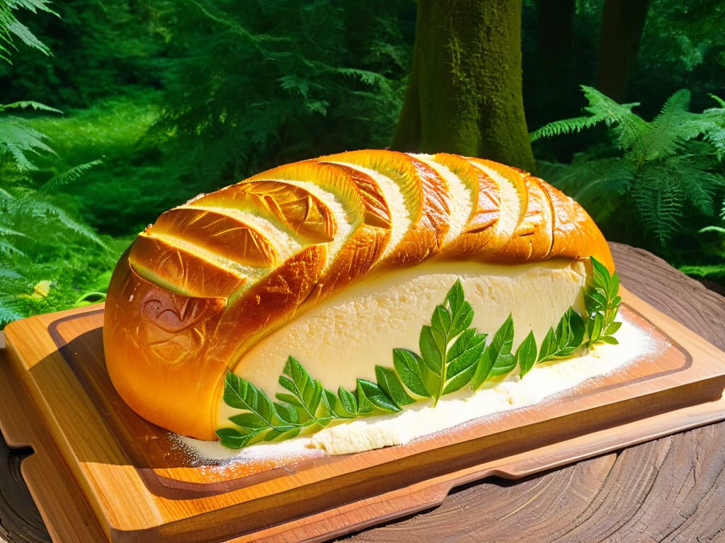  An ultradetailed closeup image of a perfectly baked loaf of Elven bread from "The Lord of the Rings", with intricate Elvish designs scored into the crust, resting on a rustic wooden cutting board against a soft, blurred background of a lush green forest. The bread's surface glistens with a light dusting of flour, showcasing the delicate swirls and patterns etched into its goldenbrown crust, evoking a sense of magic and mystery. The lighting highlights the intricate details, textures, and colors of this mythical loaf, inviting viewers to immerse themselves in the enchanting world of Middleearth. hyperrealistic, full body, detailed clothing, highly detailed, cinematic lighting, stunningly beautiful, intricate, sharp focus, f/1. 8, 85mm, (centered image composition), (professionally color graded), ((bright soft diffused light)), volumetric fog, trending on instagram, trending on tumblr, HDR 4K, 8K