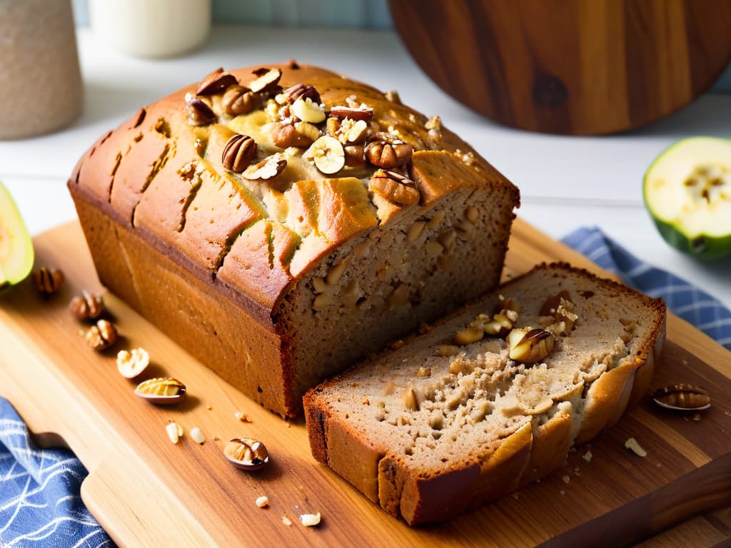  A highresolution, minimalist image of freshly baked banana nut bread, still warm from the oven, with goldenbrown crust sprinkled with crushed walnuts, displayed on a rustic wooden cutting board. The bread is sliced to reveal the soft, moist texture flecked with chunks of ripe banana and nuts, emitting a mouthwatering aroma. Sunlight gently streams in, casting a soft glow on the bread, creating a cozy and inviting atmosphere perfect for a summer snack. hyperrealistic, full body, detailed clothing, highly detailed, cinematic lighting, stunningly beautiful, intricate, sharp focus, f/1. 8, 85mm, (centered image composition), (professionally color graded), ((bright soft diffused light)), volumetric fog, trending on instagram, trending on tumblr, HDR 4K, 8K