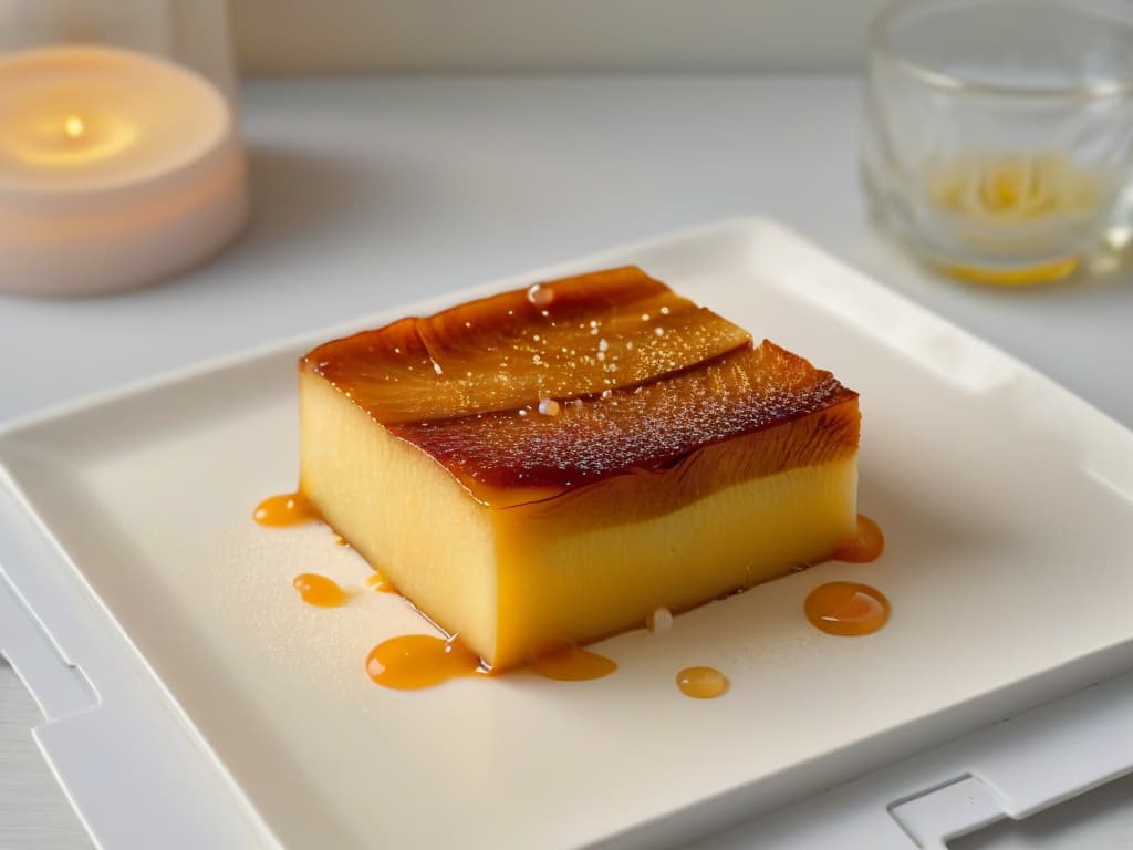  An ultradetailed closeup image of a perfectly caramelized apple slice, showcasing a glossy amber caramel coating with tiny bubbles, shimmering in the light. The apple slice is elegantly placed on a sleek, modern white plate, emphasizing the intricate texture and rich color of the caramelization process. hyperrealistic, full body, detailed clothing, highly detailed, cinematic lighting, stunningly beautiful, intricate, sharp focus, f/1. 8, 85mm, (centered image composition), (professionally color graded), ((bright soft diffused light)), volumetric fog, trending on instagram, trending on tumblr, HDR 4K, 8K