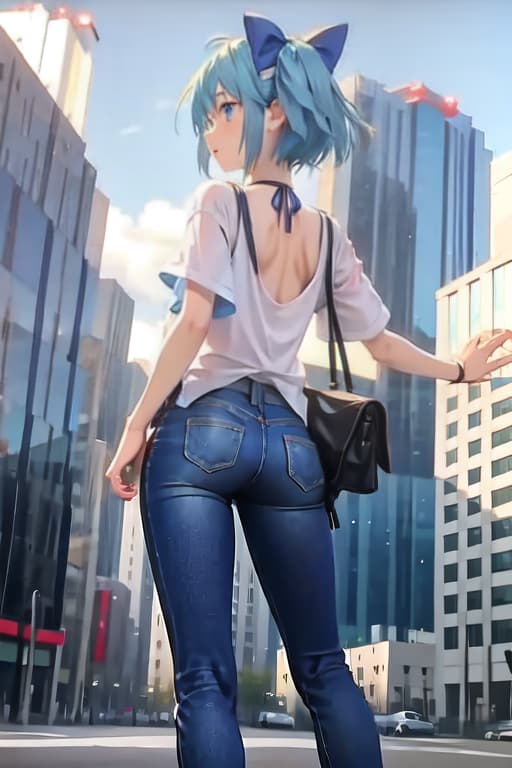  Cirno, from behind, jeans