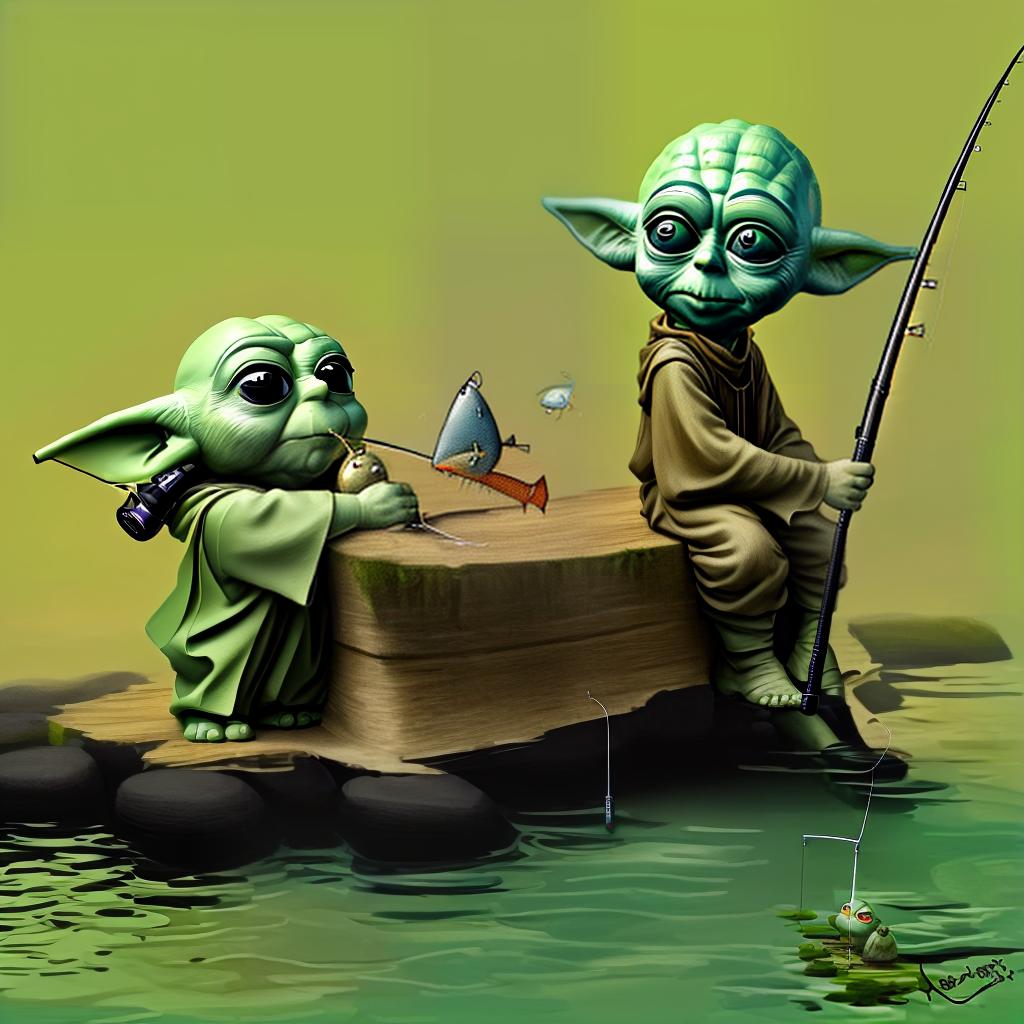  Yoda sad fishing with a fishing rod on the watercolour river, big head, big eyes, caricature, a caricature, digital rendering, (figurativism:0.8)