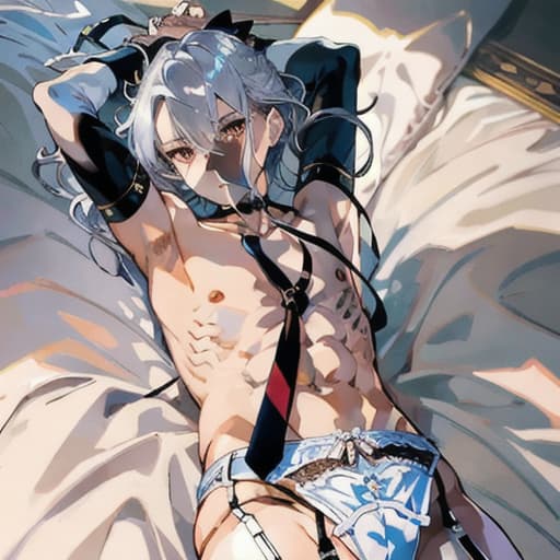  master piece , best quality,Beautiful , , lie on own back, 1, (( trembling with ual )), garter ring garter belt, , hollow eyes embarred, clossed arms, abs 0 6, tie , tie , , (( on Collarbone, on s)),silver hair, shirt, Erect s, With legs apart