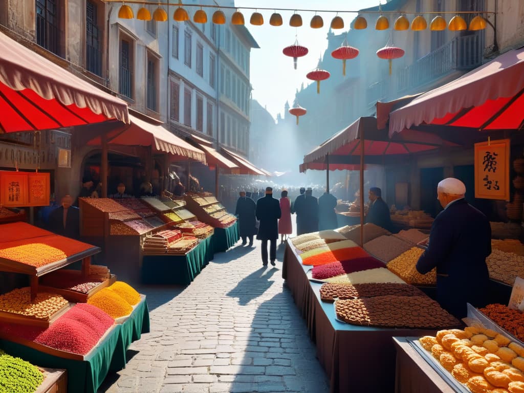  An ultradetailed, photorealistic image of a bustling Ottomanera marketplace filled with vendors selling a colorful array of traditional sweets and pastries. The scene is vibrant and lively, with merchants showcasing their decadent treats under intricate canopies, while customers in ornate attire haggle over prices. The architecture of the surrounding buildings is grand and adorned with intricate tile work, adding to the historical authenticity of the setting. The sunlight filters through the bustling scene, casting a warm glow over the entire marketplace, making the sweets look even more enticing. hyperrealistic, full body, detailed clothing, highly detailed, cinematic lighting, stunningly beautiful, intricate, sharp focus, f/1. 8, 85mm, (centered image composition), (professionally color graded), ((bright soft diffused light)), volumetric fog, trending on instagram, trending on tumblr, HDR 4K, 8K