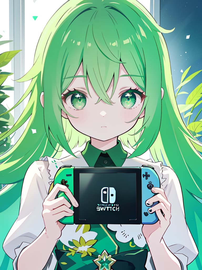  Green hair character, Nintendo Switch, masterpiece, best quality,8k,ultra detailed,high resolution,an extremely delicate and beautiful,hyper detail