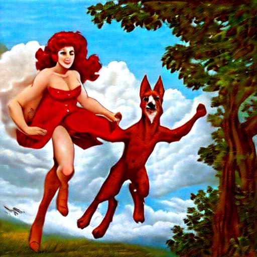  Victorian. Red heeler dog with a beautiful woman that has short red hair. Both red heeler dog and beautiful woman with red short hair are both up in the clouds in heaven. They are dancing and have wings