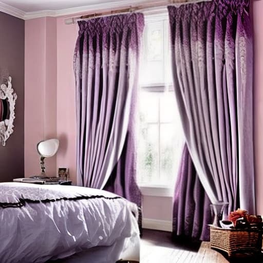  create an image of a beautiful chic bedroom with curtains on the windows