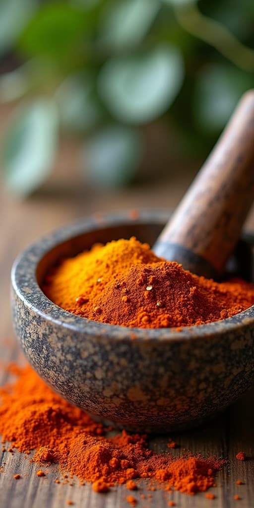  good quality, high quality, a close up of spices in a mortar and pestle with a clean, empty kitchen background. the open space around the mortar and pestle is ideal for text placement