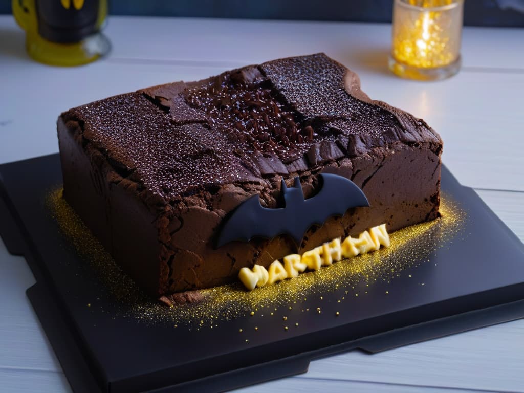  A photorealistic image of decadent dark chocolate brownies shaped like the iconic Batman logo, dusted with a sprinkle of edible gold glitter, set on a sleek black plate against a dark Gotham City skyline backdrop under a spotlight, capturing the essence of a superherothemed movie night dessert. hyperrealistic, full body, detailed clothing, highly detailed, cinematic lighting, stunningly beautiful, intricate, sharp focus, f/1. 8, 85mm, (centered image composition), (professionally color graded), ((bright soft diffused light)), volumetric fog, trending on instagram, trending on tumblr, HDR 4K, 8K