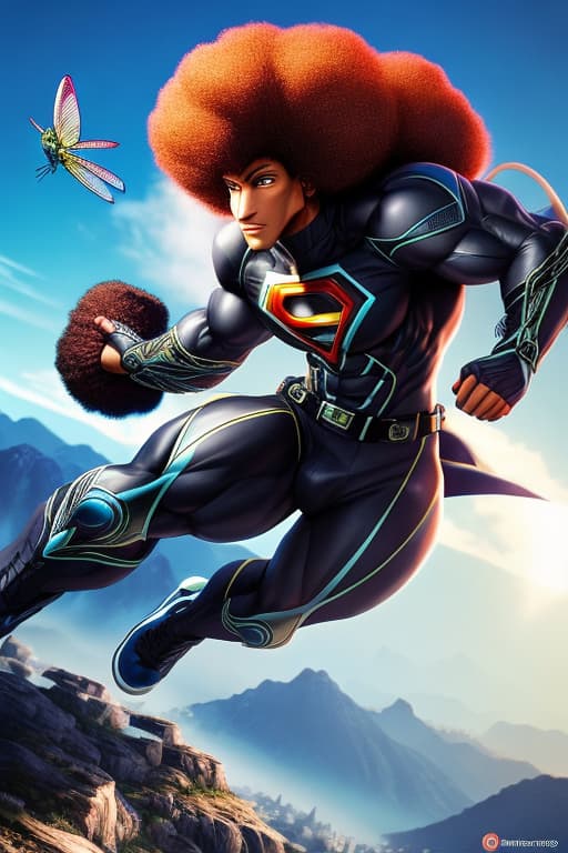  A male super hero with the powers of a dragonfly, he has an Afro and large muscles, in 1990s manga style, dynamic pose, flying through sky hyperrealistic, full body, detailed clothing, highly detailed, cinematic lighting, stunningly beautiful, intricate, sharp focus, f/1. 8, 85mm, (centered image composition), (professionally color graded), ((bright soft diffused light)), volumetric fog, trending on instagram, trending on tumblr, HDR 4K, 8K