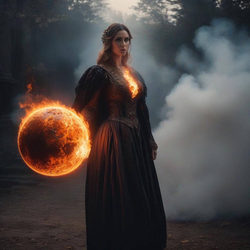  A fiery ball hovered before the lovely frightened old , the picture divided into a left white and right black part. In the black part was the fiery ball, in the white part stood the . Mystery, fantasy. hyperrealistic, full body, detailed clothing, highly detailed, cinematic lighting, stunningly beautiful, intricate, sharp focus, f/1. 8, 85mm, (centered image composition), (professionally color graded), ((bright soft diffused light)), volumetric fog, trending on instagram, trending on tumblr, HDR 4K, 8K