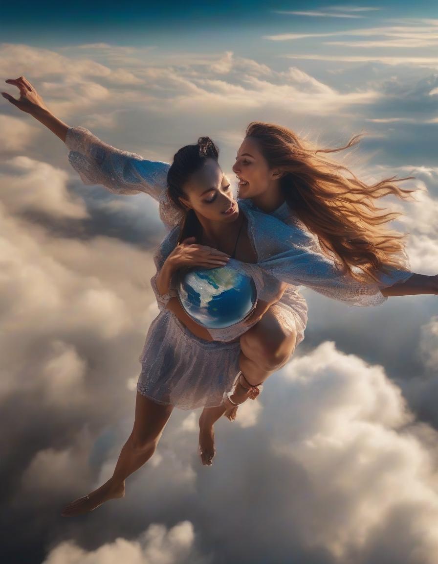  Girls dance in the sky in weightlessness around the Earth, paradise, light, goodness, warmth, detailed depiction of the face, photorealism. hyperrealistic, full body, detailed clothing, highly detailed, cinematic lighting, stunningly beautiful, intricate, sharp focus, f/1. 8, 85mm, (centered image composition), (professionally color graded), ((bright soft diffused light)), volumetric fog, trending on instagram, trending on tumblr, HDR 4K, 8K