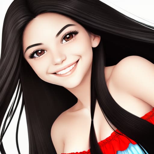  Portrait of a beautiful girl with a smile on her face and long black hair and brown eyes