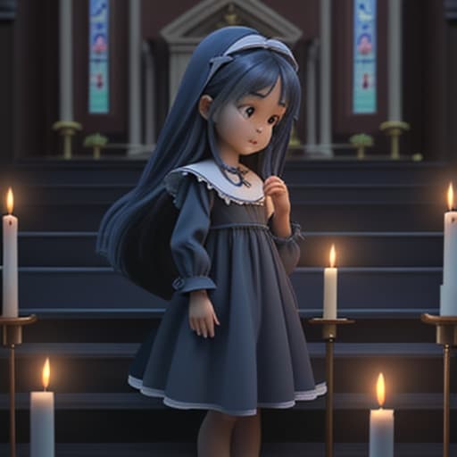  a little girl beside the church wearing a frock open long hair a candle in her hand dark blue colour