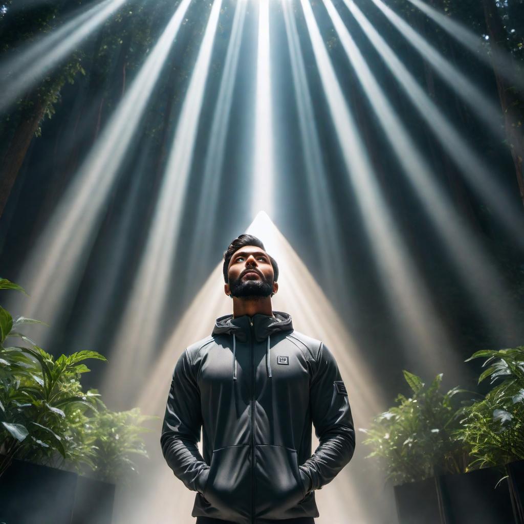  An illustration of a person looking up with a hopeful expression, surrounded by rays of light symbolizing hope. hyperrealistic, full body, detailed clothing, highly detailed, cinematic lighting, stunningly beautiful, intricate, sharp focus, f/1. 8, 85mm, (centered image composition), (professionally color graded), ((bright soft diffused light)), volumetric fog, trending on instagram, trending on tumblr, HDR 4K, 8K