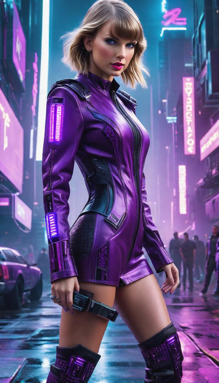  Cyberpunk style depiction of Taylor Swift wearing purple . The scene is set in a world where technology has advanced, but society and human conditions have not, creating a gritty, dystopian atmosphere. hyperrealistic, full body, detailed clothing, highly detailed, cinematic lighting, stunningly beautiful, intricate, sharp focus, f/1. 8, 85mm, (centered image composition), (professionally color graded), ((bright soft diffused light)), volumetric fog, trending on instagram, trending on tumblr, HDR 4K, 8K