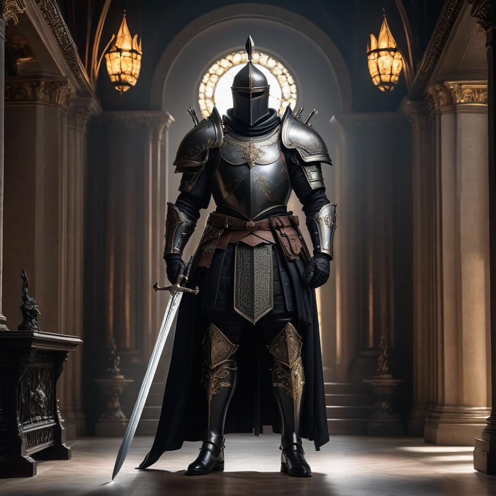  Renaissance style A Guardsman of Death grips the halberd. His armor, a living suit, is completely black. He stands in a throne in the hall. . realistic, perspective, light and shadow, religious or mythological themes, highly detailed hyperrealistic, full body, detailed clothing, highly detailed, cinematic lighting, stunningly beautiful, intricate, sharp focus, f/1. 8, 85mm, (centered image composition), (professionally color graded), ((bright soft diffused light)), volumetric fog, trending on instagram, trending on tumblr, HDR 4K, 8K