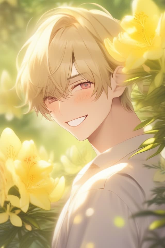  Masterpiece,(((a male))),delicate light yellaw hair color,short hair,smile,V眉,delicate face,(((larynx))),(((satsuki azalea (Rhododendron indicum) flower))),fresh,high quality,8K