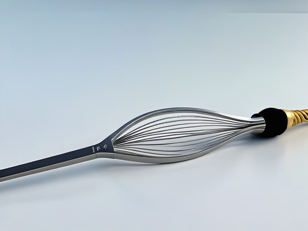  A closeup, ultradetailed image of a sleek, minimalistic stainless steel whisk with light reflecting off its polished surface, showcasing intricate details of the handle and wires. hyperrealistic, full body, detailed clothing, highly detailed, cinematic lighting, stunningly beautiful, intricate, sharp focus, f/1. 8, 85mm, (centered image composition), (professionally color graded), ((bright soft diffused light)), volumetric fog, trending on instagram, trending on tumblr, HDR 4K, 8K