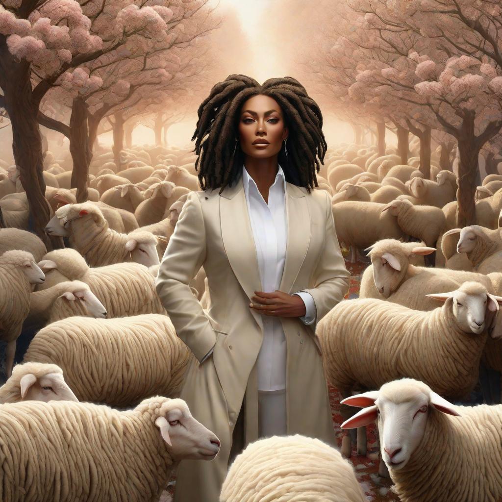  black model, thick, wild, giant albino beige wool dreadlocks. very large, thick, beige woolly sheep’s clothes. surrounded by sheep and Big wool trees. wool snow falling. Everything is made out of sheep’s wool. Model matches the sheep. Snowy Mountain top, modern, fantasy, realistic, portrait, art by donato giancola and greg rutkowski, realistic face, digital art, trending on artstation hyperrealistic, full body, detailed clothing, highly detailed, cinematic lighting, stunningly beautiful, intricate, sharp focus, f/1. 8, 85mm, (centered image composition), (professionally color graded), ((bright soft diffused light)), volumetric fog, trending on instagram, trending on tumblr, HDR 4K, 8K