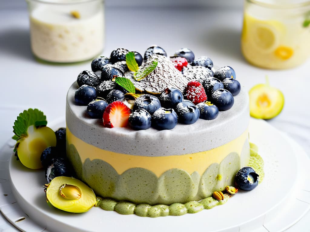  A closeup, ultradetailed image of a delicate chia seed pudding garnished with fresh berries and a sprinkle of crushed pistachios, set against a sleek white ceramic plate on a marble countertop. The vibrant colors of the berries pop against the neutral background, showcasing the beauty and elegance of a healthy, nutritious dessert option. hyperrealistic, full body, detailed clothing, highly detailed, cinematic lighting, stunningly beautiful, intricate, sharp focus, f/1. 8, 85mm, (centered image composition), (professionally color graded), ((bright soft diffused light)), volumetric fog, trending on instagram, trending on tumblr, HDR 4K, 8K