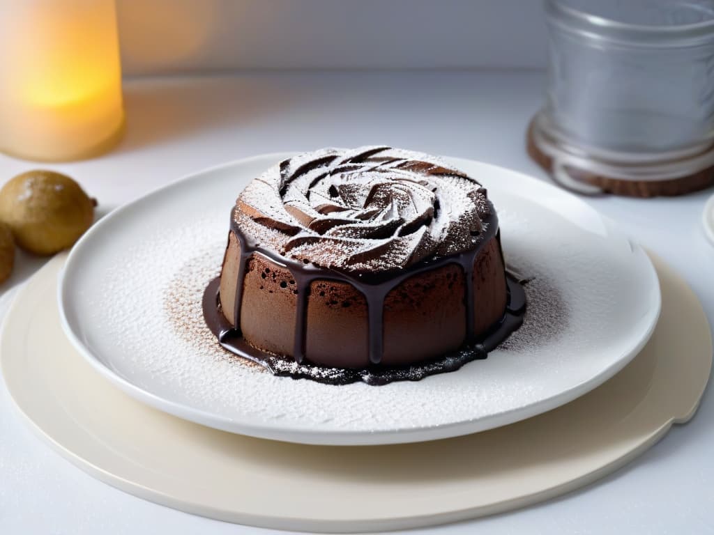  A closeup, ultradetailed image of a decadent chocolate lava cake on a sleek, modern white plate. The cake is perfectly moist, with a rich, gooey center oozing out seductively. A dusting of powdered sugar delicately adorns the top, adding a touch of elegance. The background is a soft, blurred gradient that subtly highlights the cake, making it the undeniable star of the composition. hyperrealistic, full body, detailed clothing, highly detailed, cinematic lighting, stunningly beautiful, intricate, sharp focus, f/1. 8, 85mm, (centered image composition), (professionally color graded), ((bright soft diffused light)), volumetric fog, trending on instagram, trending on tumblr, HDR 4K, 8K