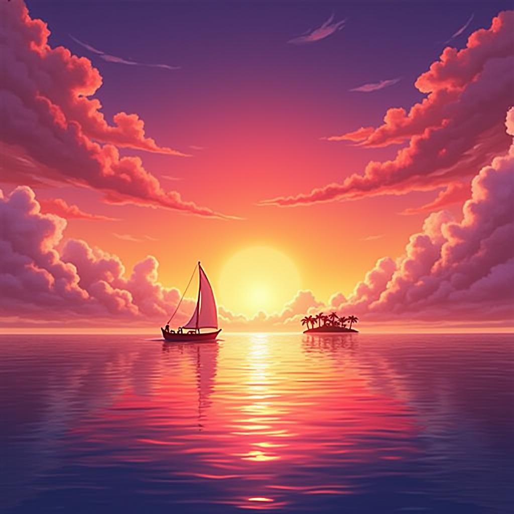  anime artwork "picture a fantastic sunset over the ocean, where the sky is painted in bright shades of orange, pink and purple. on the horizon, a sailboat is seen, slowly sailing on calm water, which reflects all the colors of the sunset. in the distance, against the sky, you can discern the silhouette of a small island with palm trees., anime style, key visual, vibrant, studio anime, highly detailed