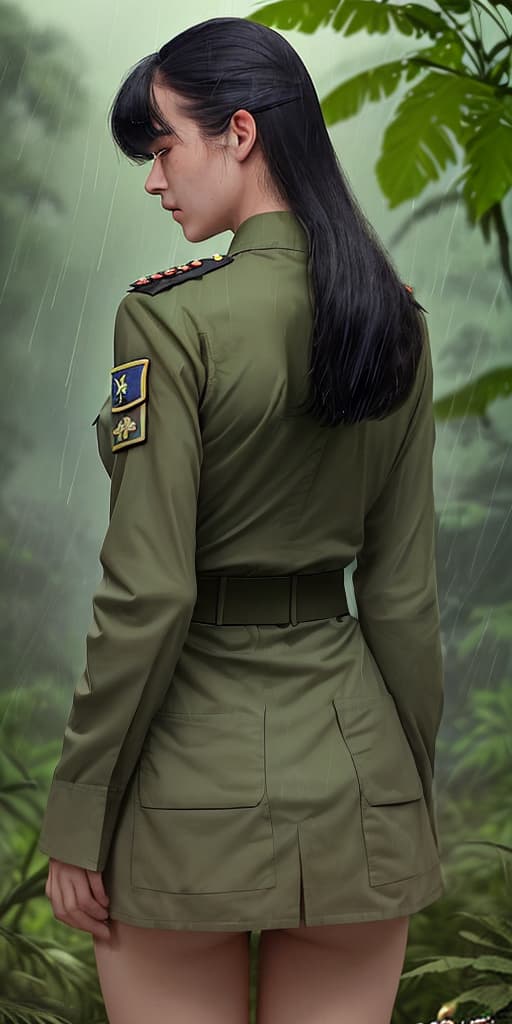  girl-in military uniform, in the jungle, with her back turned, it’s raining. POV