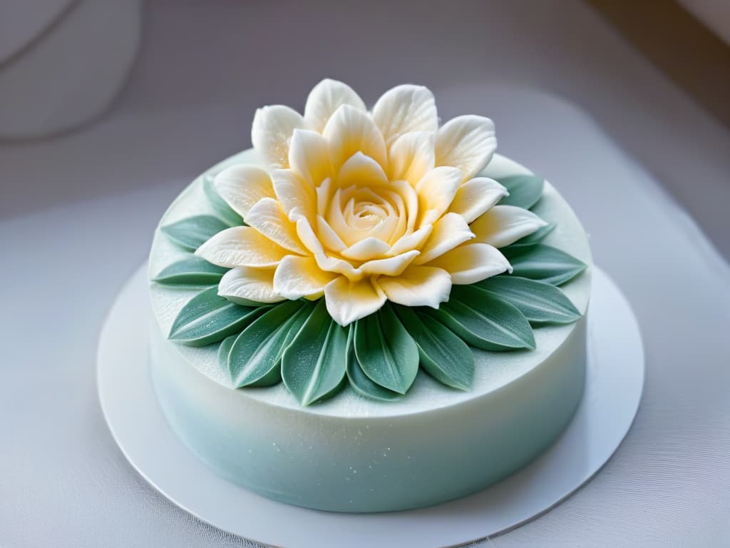  A closeup, ultradetailed image of a delicate sugar flower being meticulously crafted by a skilled pastry chef's hands. The intricacies of the petals, the fine dusting of edible shimmer, and the focused expression on the chef's face are all captured in perfect clarity. The background is a soft blur, emphasizing the artistry and precision of the pastry creation process. hyperrealistic, full body, detailed clothing, highly detailed, cinematic lighting, stunningly beautiful, intricate, sharp focus, f/1. 8, 85mm, (centered image composition), (professionally color graded), ((bright soft diffused light)), volumetric fog, trending on instagram, trending on tumblr, HDR 4K, 8K