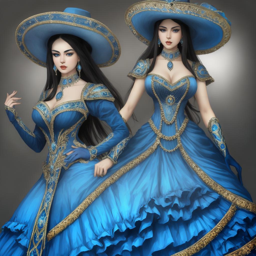  beautiful and woman imagen realista tipo dibujo piel trigueña clara ojos almendrados grises cabello largo curby ropa vestido azul estilo victoriano joyas sombrero estilo victoriano pose elegante y sutil imagen alta definición