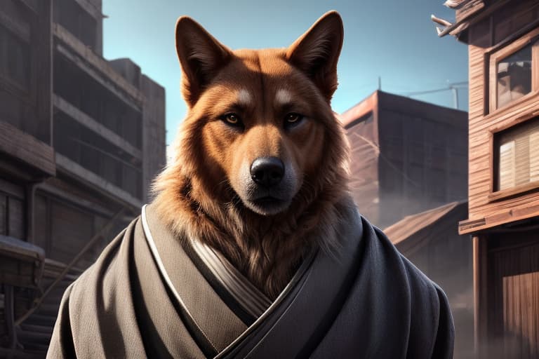  "Anthropomorphic, dog, male, adult, muscular, kimono, staring at the viewer, realistic fur, detailed background, post apocalyptic setting, hyper realism, RAW photo, (realism, photorealistic: 1.3), detailed, high resolution" hyperrealistic, full body, detailed clothing, highly detailed, cinematic lighting, stunningly beautiful, intricate, sharp focus, f/1. 8, 85mm, (centered image composition), (professionally color graded), ((bright soft diffused light)), volumetric fog, trending on instagram, trending on tumblr, HDR 4K, 8K
