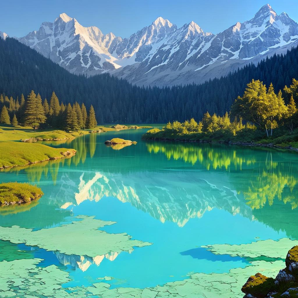  as a painting, Convey the serene majesty of towering mountains reflected in the crystal-clear waters of a tranquil alpine lake, using your unique artistic vision to evoke a sense of awe and tranquility.