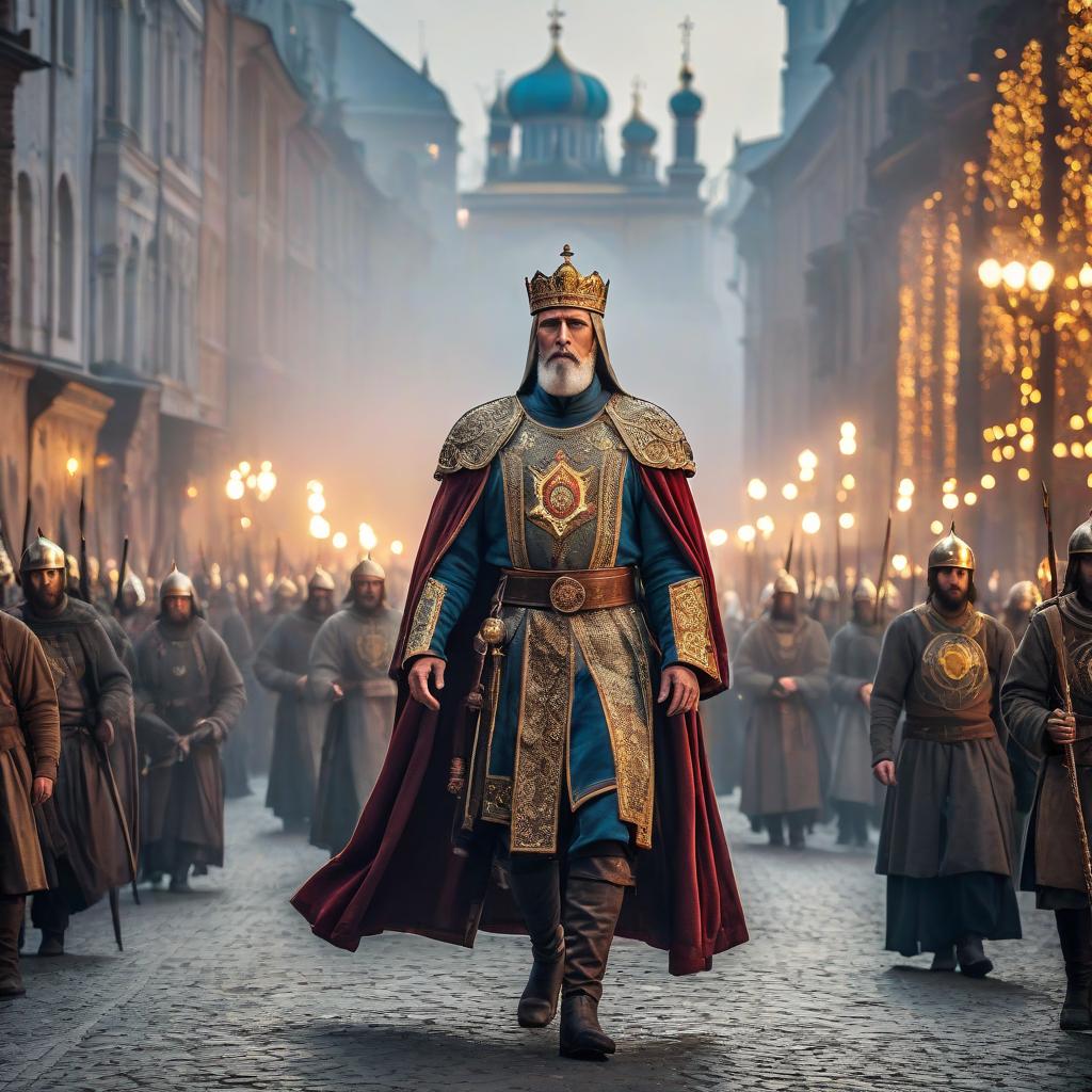  cinematic photo Grand Prince of Kiev Vladimir Svyatoslavich, who lived from 956 to 1015. . 35mm photograph, film, bokeh, professional, 4k, highly detailed hyperrealistic, full body, detailed clothing, highly detailed, cinematic lighting, stunningly beautiful, intricate, sharp focus, f/1. 8, 85mm, (centered image composition), (professionally color graded), ((bright soft diffused light)), volumetric fog, trending on instagram, trending on tumblr, HDR 4K, 8K