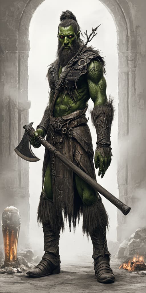  detail, photo, cinscene, dreamwalking a green skiinned battle scarred orc barbarian with a rugged beard is standing in front of a burning tavern wielding a great axe in one hand and holding an ale tankard in his other hand; dark ambience