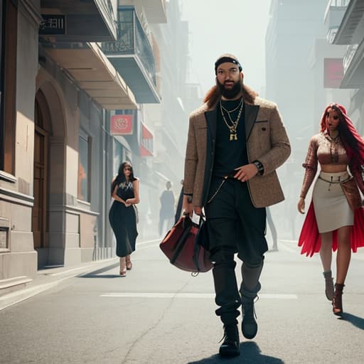  male rapper with beard walking with group of girls hyperrealistic, full body, detailed clothing, highly detailed, cinematic lighting, stunningly beautiful, intricate, sharp focus, f/1. 8, 85mm, (centered image composition), (professionally color graded), ((bright soft diffused light)), volumetric fog, trending on instagram, trending on tumblr, HDR 4K, 8K