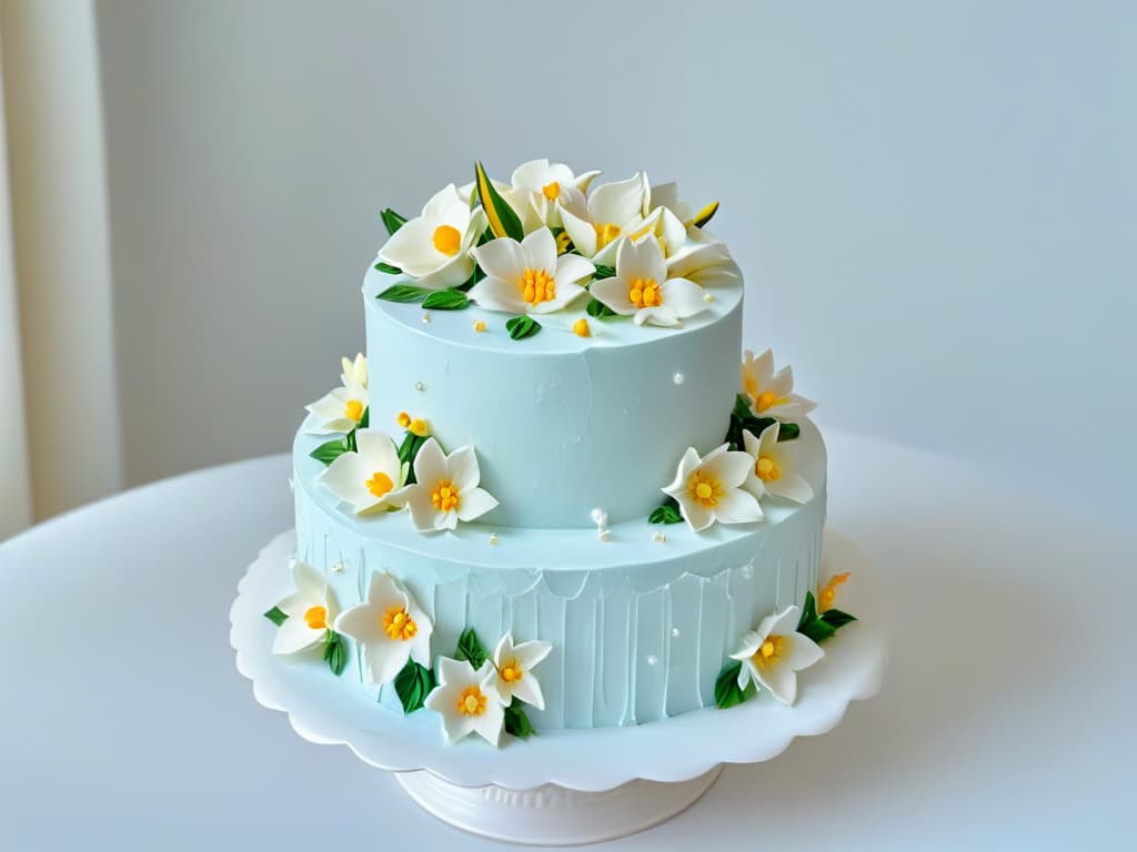  A closeup, ultradetailed image of a perfectly frosted threetiered cake, adorned with delicate sugar flowers in pastel hues. The smooth buttercream finish reflects the soft lighting, showcasing the intricate piping work and exquisite craftsmanship. Each petal and leaf is flawlessly shaped, creating a sense of elegance and sophistication. hyperrealistic, full body, detailed clothing, highly detailed, cinematic lighting, stunningly beautiful, intricate, sharp focus, f/1. 8, 85mm, (centered image composition), (professionally color graded), ((bright soft diffused light)), volumetric fog, trending on instagram, trending on tumblr, HDR 4K, 8K