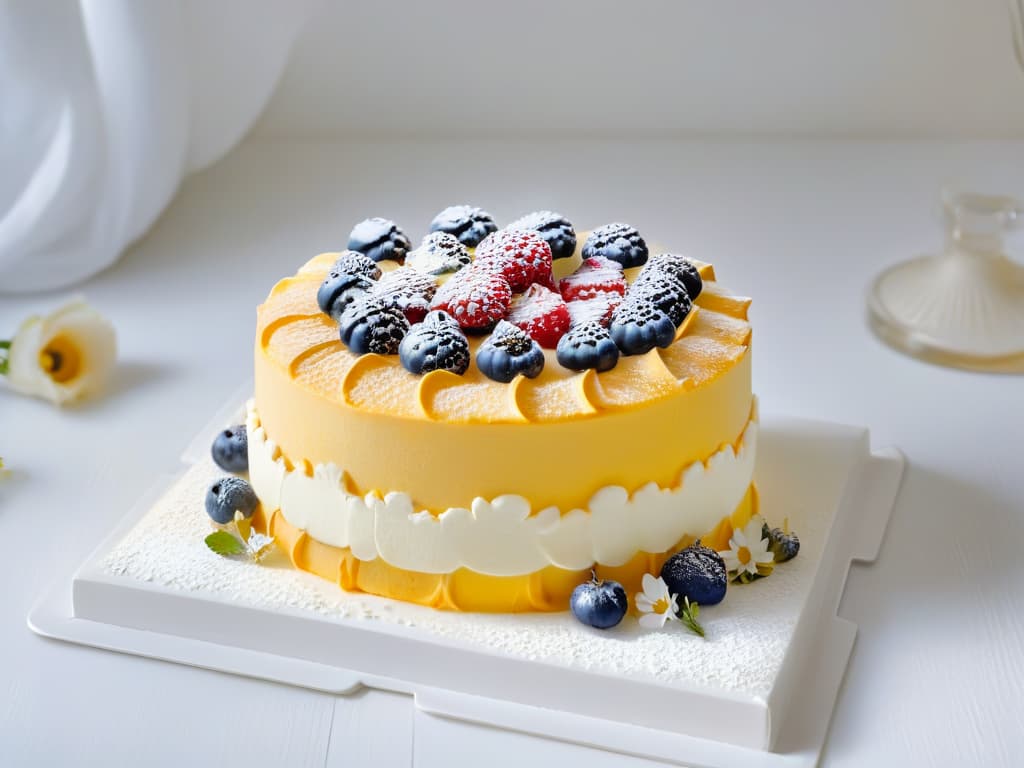  A minimalist, highly detailed image of a beautifully intricate Nordicinspired cake, featuring delicate layers of sponge, adorned with fresh berries and edible flowers, finished with a light dusting of powdered sugar. The cake is displayed on a sleek, modern serving platter against a simple, clean background, highlighting the elegance and artistry of Scandinavian pastry craftsmanship. hyperrealistic, full body, detailed clothing, highly detailed, cinematic lighting, stunningly beautiful, intricate, sharp focus, f/1. 8, 85mm, (centered image composition), (professionally color graded), ((bright soft diffused light)), volumetric fog, trending on instagram, trending on tumblr, HDR 4K, 8K