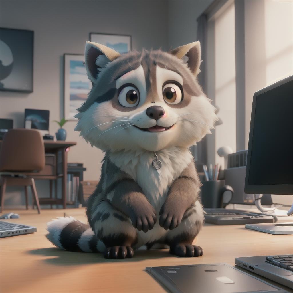  raccoon sitting in gaming chair front a computer on desktop, ((semi anthropomorphic)),(full body), tail, belly, sitting, fat, (chubby), (((white background))), solo, desktop, gaming chair, side view,  [[[clothes]]] hyperrealistic, full body, detailed clothing, highly detailed, cinematic lighting, stunningly beautiful, intricate, sharp focus, f/1. 8, 85mm, (centered image composition), (professionally color graded), ((bright soft diffused light)), volumetric fog, trending on instagram, trending on tumblr, HDR 4K, 8K