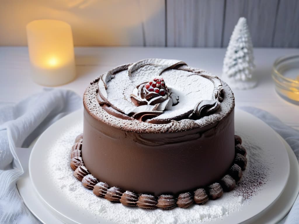  A photorealistic image of a decadent chocolate soufflé with a wintery touch, showcasing a perfectly risen and goldenbrown soufflé, dusted with powdered sugar and surrounded by a sprinkle of crushed peppermint candy canes. The dessert sits elegantly on a delicate white porcelain plate, emitting steam that curls gracefully upwards, hinting at its warmth. The background features a softfocused winter scene, with snowcovered pine trees and a hint of a cozy kitchen ambiance in the backdrop, creating a festive and inviting atmosphere. hyperrealistic, full body, detailed clothing, highly detailed, cinematic lighting, stunningly beautiful, intricate, sharp focus, f/1. 8, 85mm, (centered image composition), (professionally color graded), ((bright soft diffused light)), volumetric fog, trending on instagram, trending on tumblr, HDR 4K, 8K