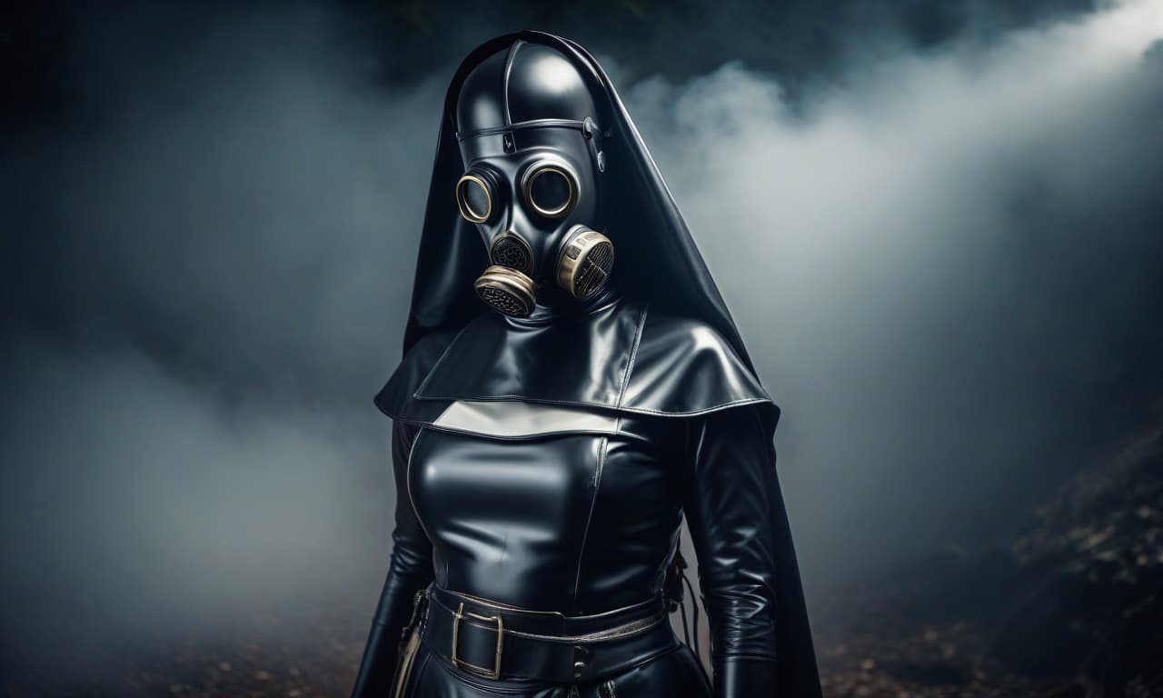  cinematic film still Latex heavy rubber nun. Heavy rubber gas mask . shallow depth of field, vignette, highly detailed, high budget, bokeh, cinemascope, moody, epic, gorgeous, film grain, grainy hyperrealistic, full body, detailed clothing, highly detailed, cinematic lighting, stunningly beautiful, intricate, sharp focus, f/1. 8, 85mm, (centered image composition), (professionally color graded), ((bright soft diffused light)), volumetric fog, trending on instagram, trending on tumblr, HDR 4K, 8K