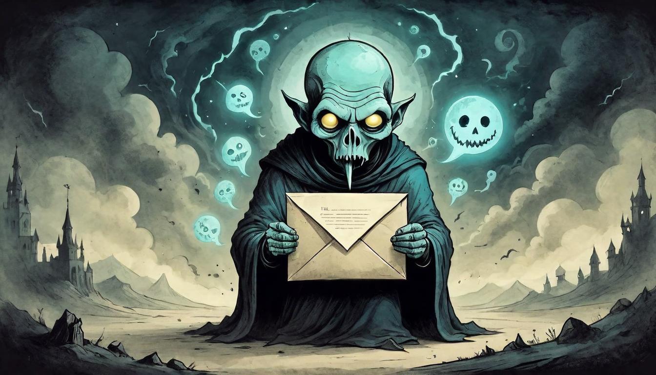  on parchment, surrealism+++, An email inbox with an unread message glowing, figure with a shocked expression viewing it, moment of realization, impact of exclusion, cold tone, digital setting.(mysterious, provocative, symbolic,muted color)+++