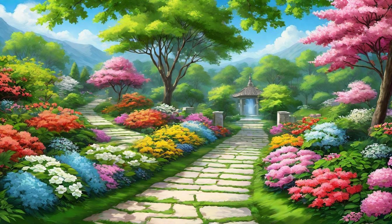  digital painting of A peaceful garden pathway lined with blooming flowers, symbolizing righteousness and peace on one’s journey, tranquil passage, harmony with nature, blossoming path looking at viewer, dynamic pose, (intricate details, masterpiece, best quality)