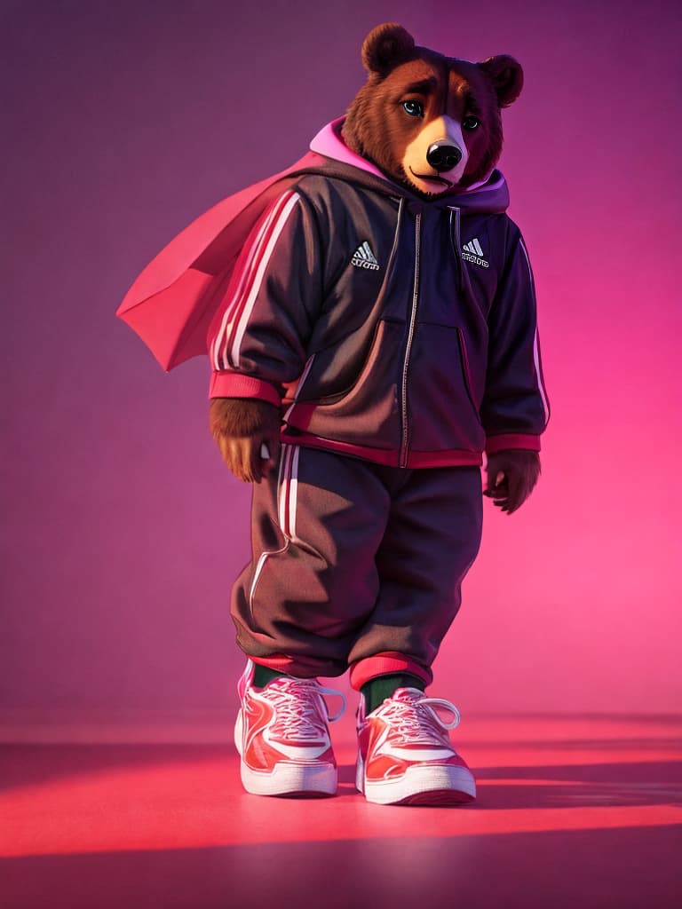  mamasterpiece,best quality,a small toy bear wearing an adidas outfit and sneakers,standing on a pink background,with a pink background, hyperrealistic, full body, detailed clothing, highly detailed, cinematic lighting, stunningly beautiful, intricate, sharp focus, f/1. 8, 85mm, (centered image composition), (professionally color graded), ((bright soft diffused light)), volumetric fog, trending on instagram, trending on tumblr, HDR 4K, 8K