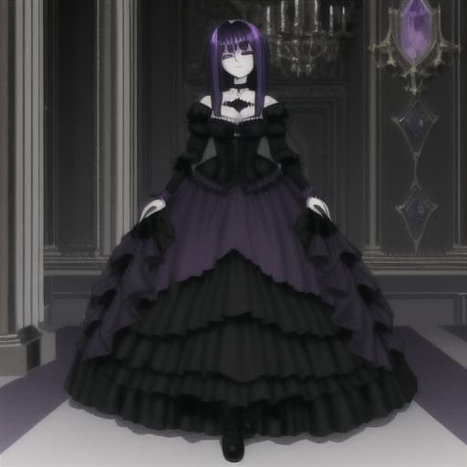  a gothic puppet Herrscher with long dark purple and royal blue hair wearing a long black and dark purple dress and wears black wings