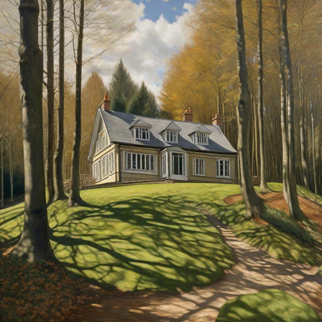  House in forest, high quality high detail painting by lucian freud, hd, photorealistic lighting, style of van gogh hyperrealistic, full body, detailed clothing, highly detailed, cinematic lighting, stunningly beautiful, intricate, sharp focus, f/1. 8, 85mm, (centered image composition), (professionally color graded), ((bright soft diffused light)), volumetric fog, trending on instagram, trending on tumblr, HDR 4K, 8K